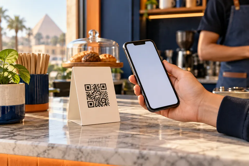 صورة توضيحية لمسح كود QR في مقهى